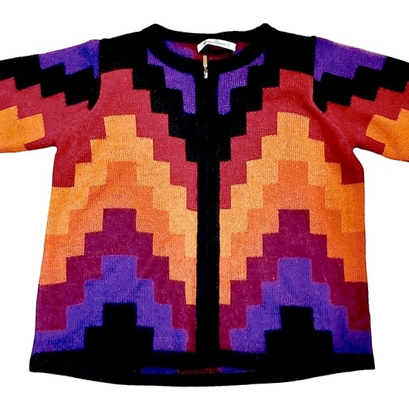 Peruvian Alpaca Zip up Cardigan, geometric rainbow pattern, size Small - Picture 2 of 14